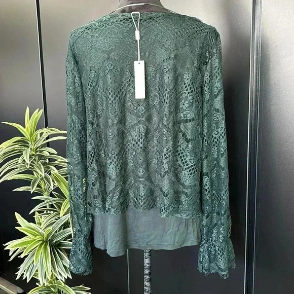 Pointelle Lace Overlay, scoop neck, lined, ruffle cuffs,top - Picture 5 of 12